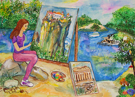 рисунка на момиче рисува манастир в гърция